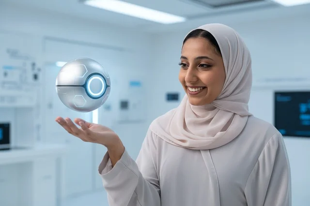 Saudi Woman with Futuristic Technology Sphere in Lab