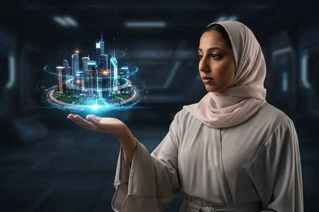 امرأة سعودية تحمل مجسم هولوغرام لمدينة ذكية مستقبلية