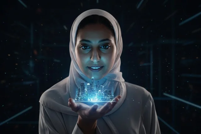 امرأة إماراتية تحمل مجسم هولوجرام لمدينة ذكية مستقبلية