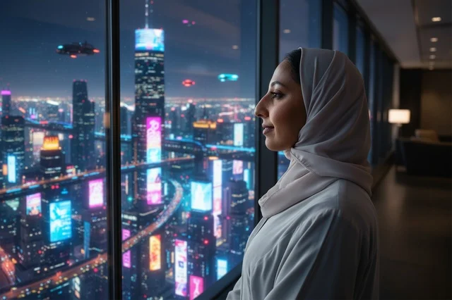 امرأة عربية بالحجاب تطل على مدينة مستقبلية ليلاً
