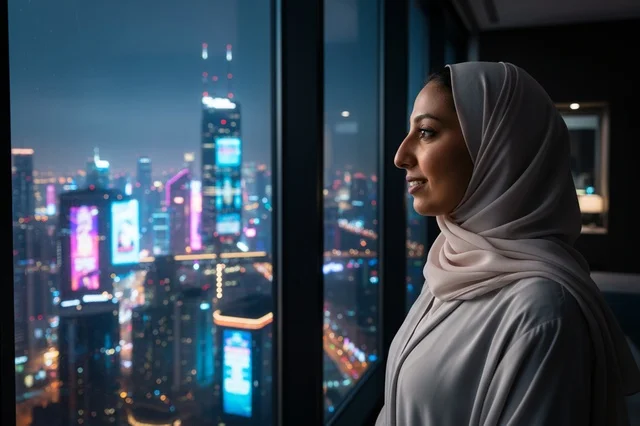 Saudi Woman in Hijab Looking at Night City Skyline