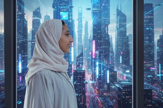 Emirati Woman Looking at Futuristic Neon City Skyline