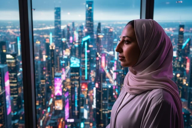 امرأة عربية بالحجاب والعباءة تطل على أفق المدينة ليلاً
