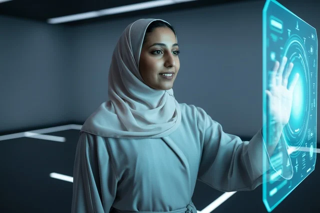 Emirati Woman Interacting with Futuristic Digital Screen