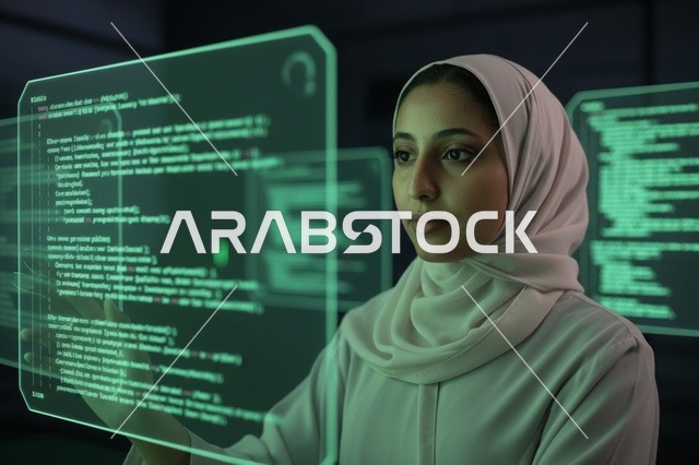 امرأة سعودية مبرمجة تتفاعل مع شاشة هولوغرام ذكية خضراء