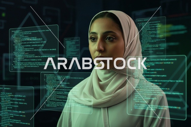 محللة بيانات سعودية بالحجاب تنظر إلى شاشات رقمية