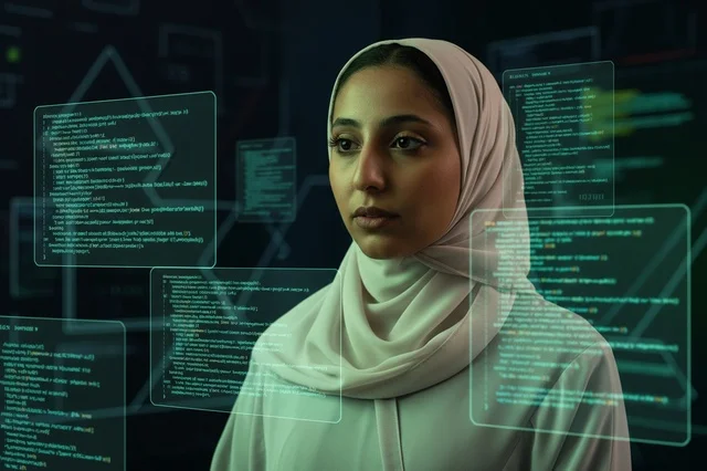 محللة بيانات سعودية بالحجاب تنظر إلى شاشات رقمية