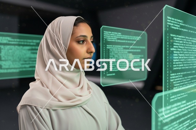 مبرمجة سعودية عربية محجبة تحلل أكواد برمجية ذكية
