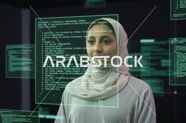 مبرمجة سعودية عربية محجبة تحلل أكواد برمجية ذكية