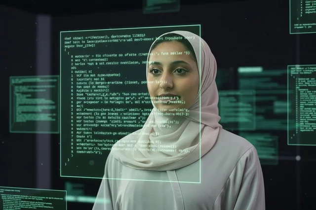 Saudi Arab Female Programmer Coding on Digital Screens