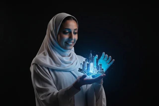 Emirati Woman Holding Futuristic Smart City Hologram
