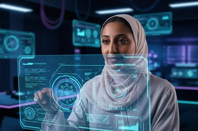 Saudi Woman Interacting with Futuristic Holographic Screen