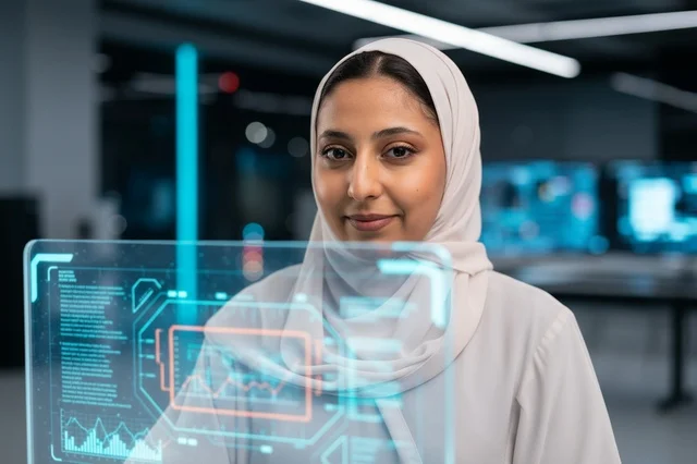 امرأة سعودية بالحجاب تستخدم شاشة هولوجرام مستقبلية