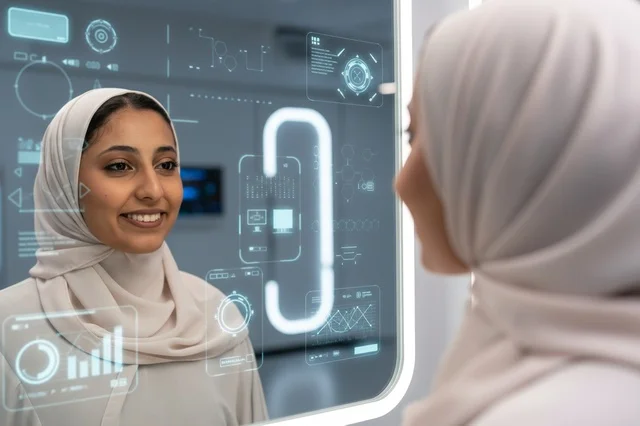 Saudi Woman Looking at Smart Interactive Mirror Technology