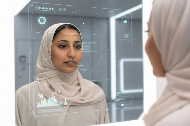 امرأة سعودية تستخدم مرآة ذكية بتقنية الهولوغرام الحديثة