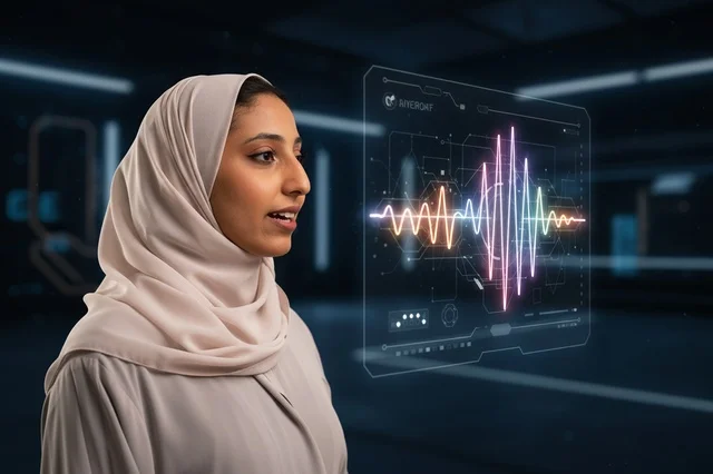 امرأة سعودية بالحجاب تتفاعل مع هولوغرام تقني ثلاثي الأبعاد