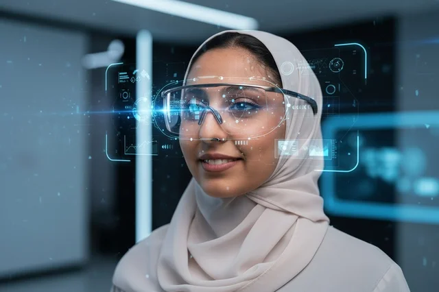 امرأة سعودية ترتدي نظارات ذكية في مختبر مستقبلي