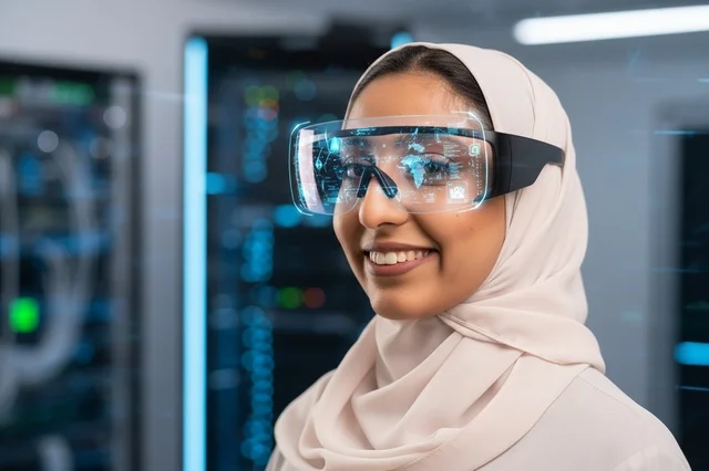 Arab Woman in Hijab Wearing Smart Glasses in Server Room