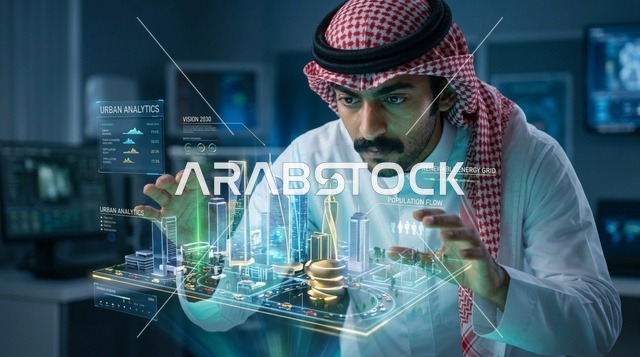 رجل سعودي يتفاعل مع هولوغرام مدينة ذكية ثلاثي الأبعاد