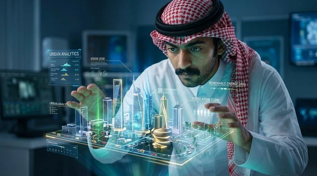 رجل سعودي يتفاعل مع هولوغرام مدينة ذكية ثلاثي الأبعاد