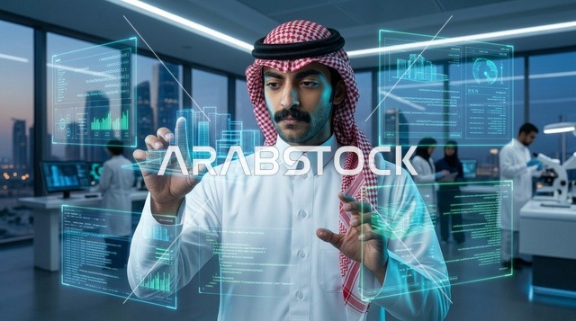 رجل سعودي بالزي التقليدي يستخدم واجهة هولوغرام مستقبلية