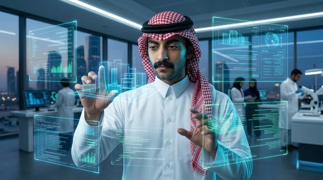 Saudi Man in Thobe Using Futuristic Hologram Interface