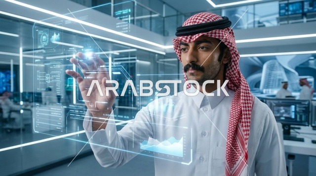 رجل سعودي يرتدي الزي التقليدي يتفاعل مع شاشة هولوغرام