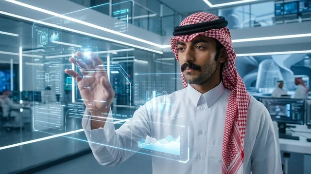 رجل سعودي يرتدي الزي التقليدي يتفاعل مع شاشة هولوغرام