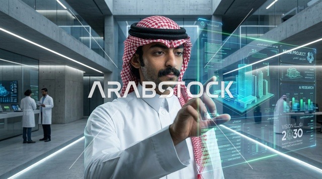 Saudi Man Using Futuristic Vision 2030 Hologram