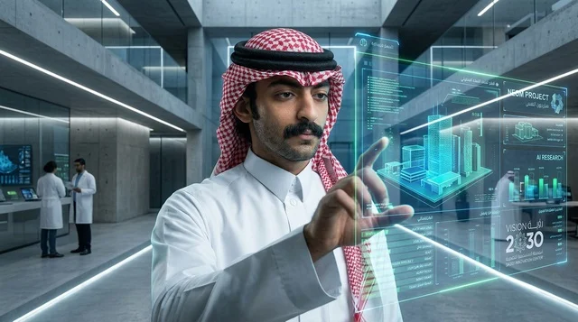 رجل سعودي يتفاعل مع شاشة هولوغرام رؤية 2030