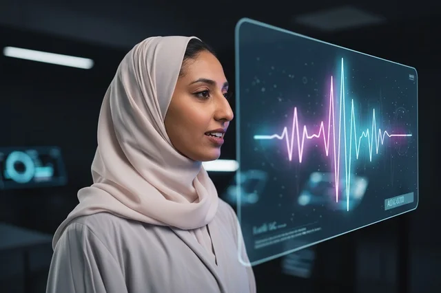 امرأة إماراتية تنظر إلى شاشة هولوغرام مستقبلية
