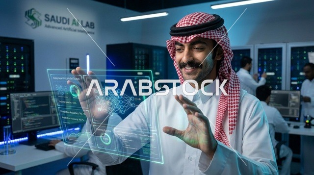Saudi Engineer Interacting with Holographic AI in Lab