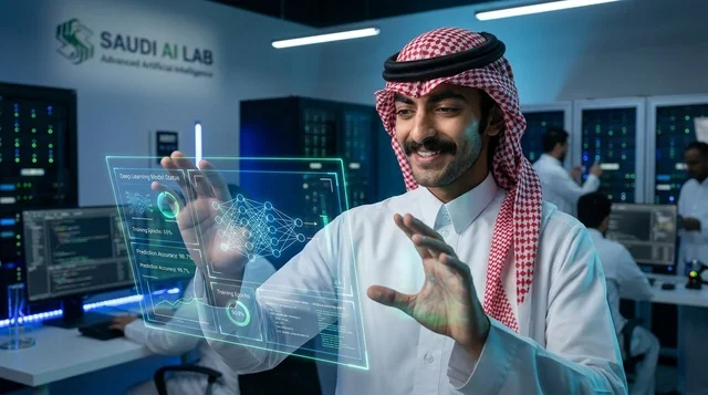 مهندس سعودي يتفاعل مع شاشة هولوغرام في مختبر تقني