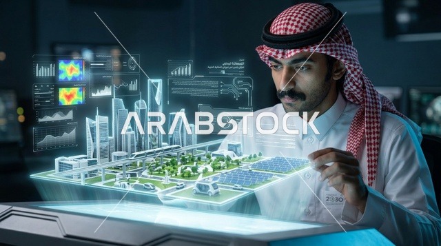 Saudi Man Interacting with Smart City Hologram Projection
