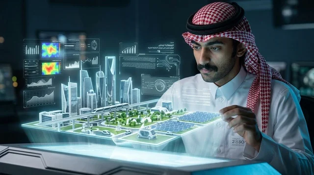 Saudi Man Interacting with Smart City Hologram Projection