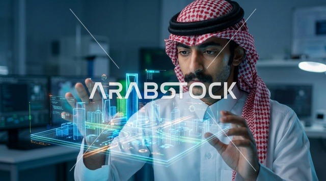 رجل سعودي بالشماغ يتفاعل مع هولوغرام مدينة ذكية