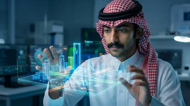 Saudi Man in Shemagh with Futuristic Holographic City