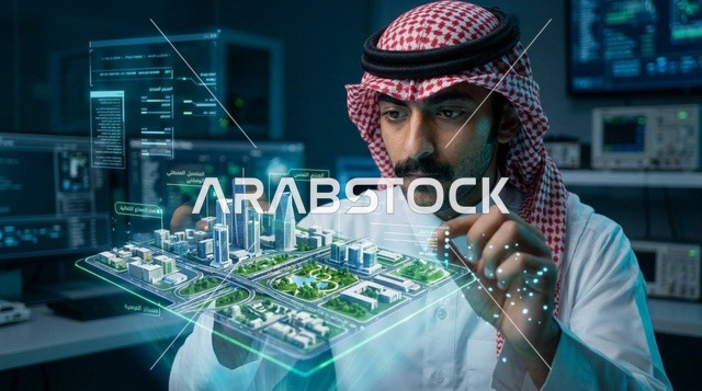 مهندس سعودي يتفحص نموذج هولوغرام لمدينة ذكية متطورة