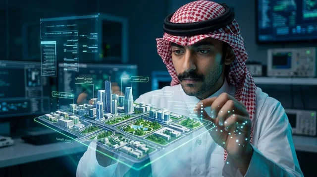 مهندس سعودي يتفحص نموذج هولوغرام لمدينة ذكية متطورة