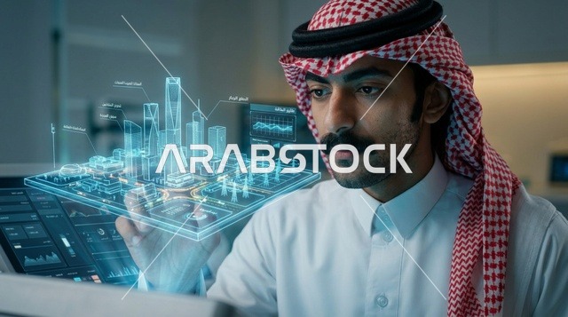 مهندس سعودي يتفاعل مع مجسم هولوجرام لمدينة ذكية مستقبلية