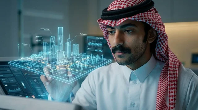 مهندس سعودي يتفاعل مع مجسم هولوجرام لمدينة ذكية مستقبلية