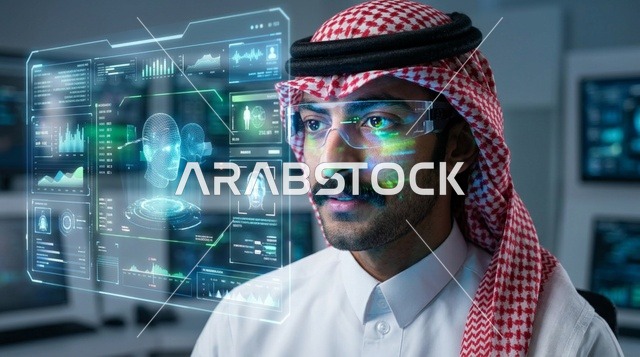 رجل سعودي بالزي التقليدي يتفاعل مع واجهة هولوغرامية