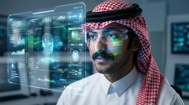 Saudi Man Interacting with Holographic Medical Interface