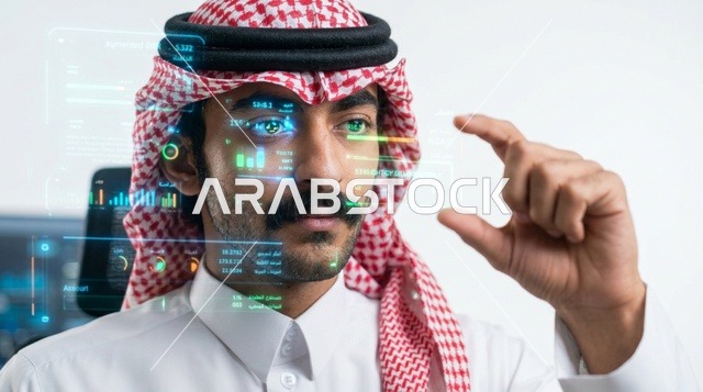 رجل سعودي يتفاعل مع شاشة هولوغرام وتكنولوجيا افتراضية