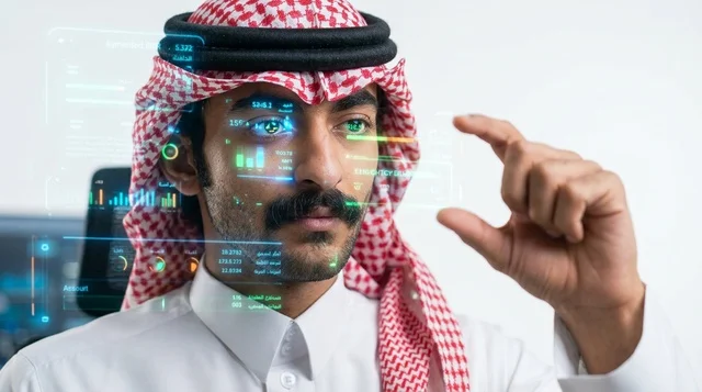 رجل سعودي يتفاعل مع شاشة هولوغرام وتكنولوجيا افتراضية
