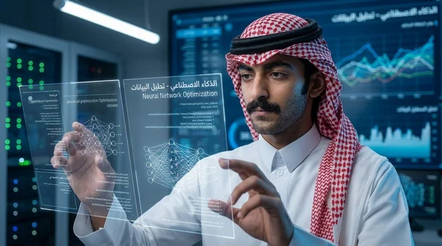 مهندس سعودي يستخدم شاشة هولوغرام في مركز بيانات