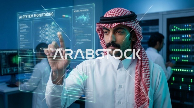Saudi IT Engineer Interacting with AI Hologram Display
