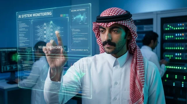 مهندس تقني سعودي يتفاعل مع شاشة هولوغرام للذكاء الاصطناعي