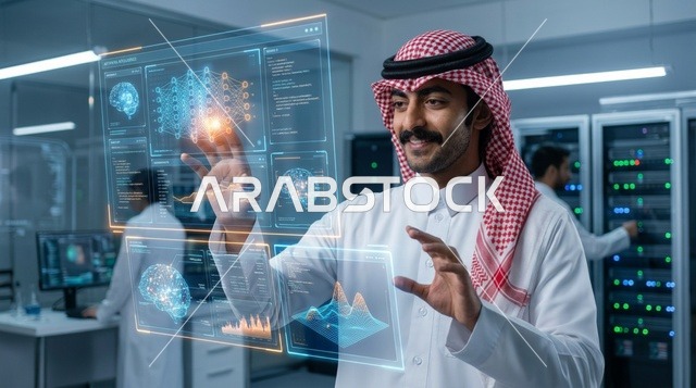 Saudi Scientist in Data Center with Holographic Screens