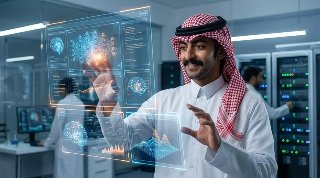 عالم سعودي في مركز بيانات مع شاشات هولوغرام